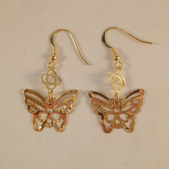 18K Yellow Gold Filled Hollow Carved Butterfly Flower Dangle Earrings Party Gift - Picture 4 of 4